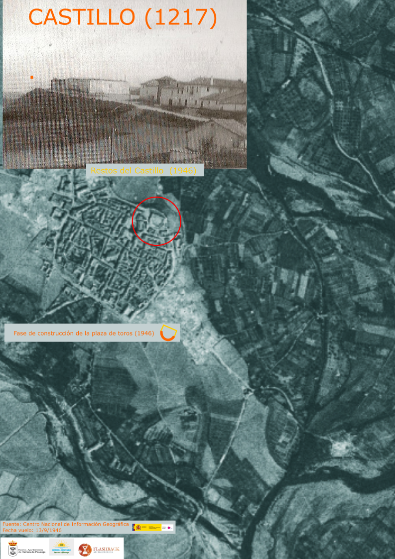 Restos del castillo (1217) en 1946. En el círculo, extraído del fotograma del vuelo 13/IX/1946, se observa la demolición de la cerca del castillo y la construcción de la plaza de toros.